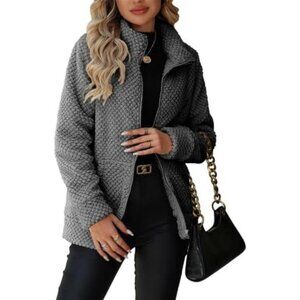 Women's Full Zip Stand Collar Fleece Sherpa Jacket with Pockets Black Grey